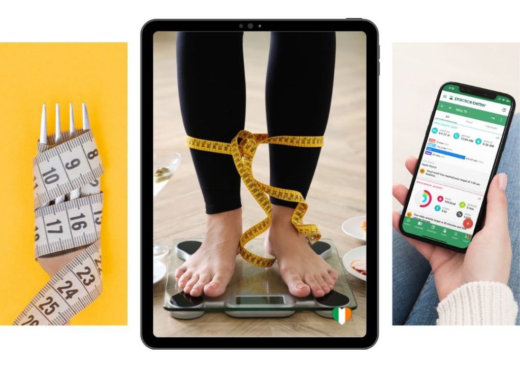 A person standing on a set of scales with a measuring tape wrapped around their legs, surrounded by plates of food, with a smartphone displaying a fitness app on the right and a measuring tape and fork on a yellow background on the left.
