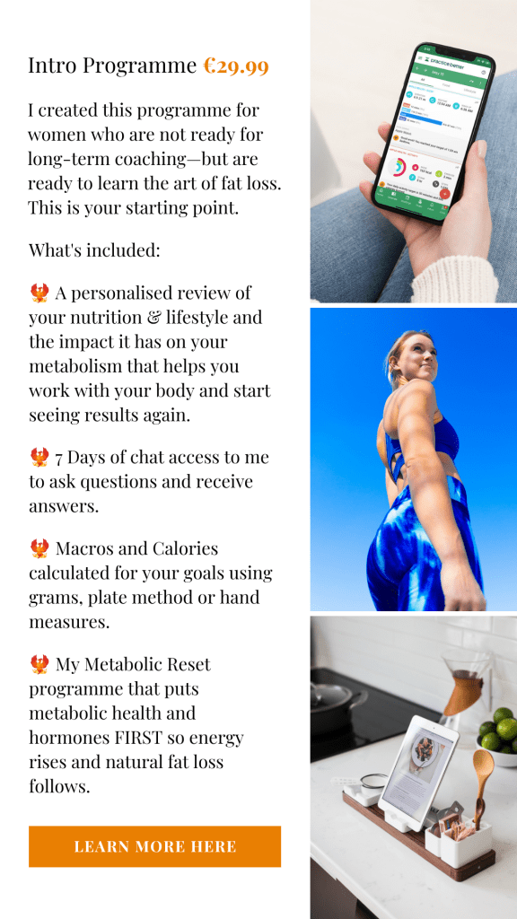 Promotional graphic for an Intro Programme aimed at women, priced at €29.99, focused on learning fat loss techniques. Includes information about personalised assessments, 7 days of chat access, macro calculations, and a metabolic reset programme. Features a woman in fitness attire and a smartphone displaying nutritional data.